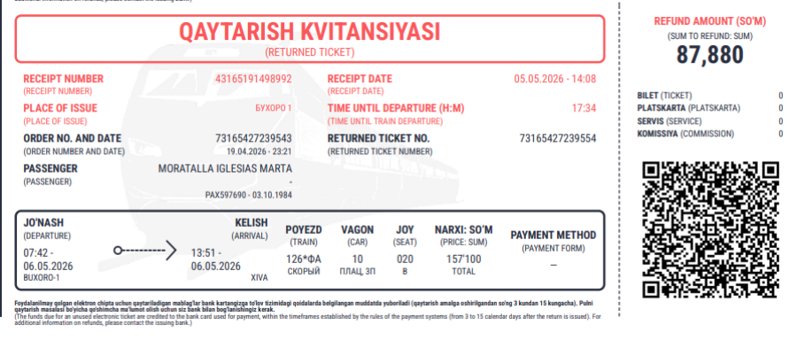 cancelar billete tren uzbekistan